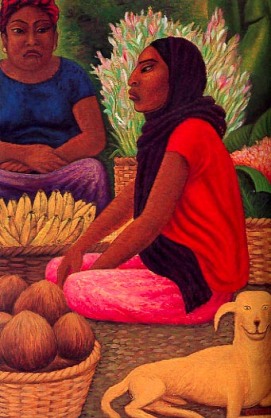 Vendors of bananas and coconuts in a Oaxaca market.