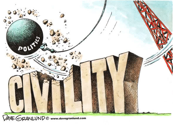 Wrecking ball labeled "politics" destroying a monument to civility