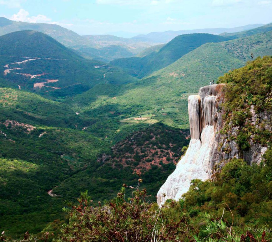 View of cliffs of calcified rock and surrounding valley