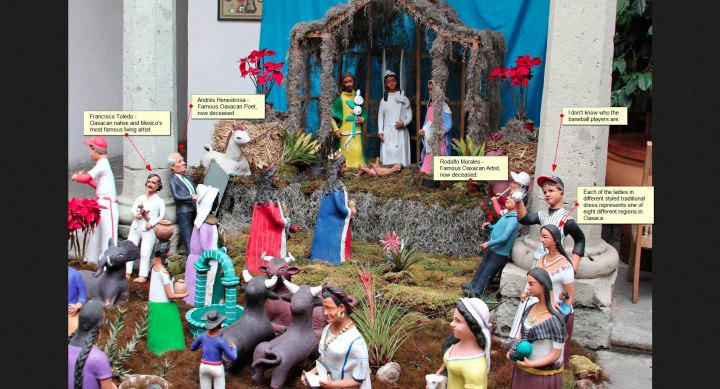Nativity scene with annotations that identify some of the guests