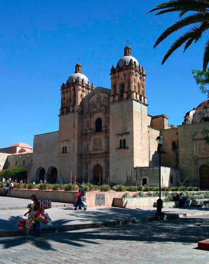 Front view of Santo Domingo de Guzmán Church - Two towers bordered by large complex of buildings