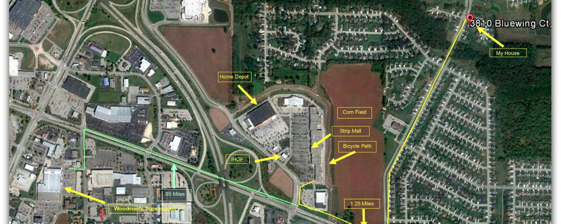 Map showing roads and businesses in a small part of Janesville, Wisconsin.