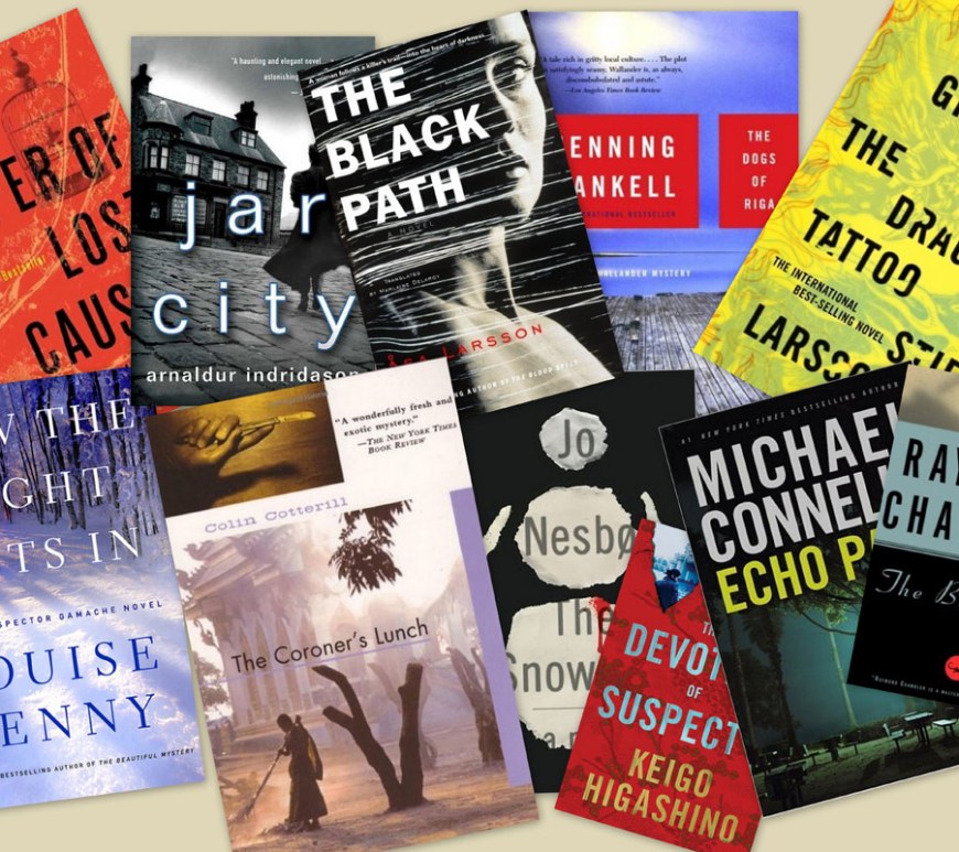 A collection of crime fiction book covers displayed as a collage