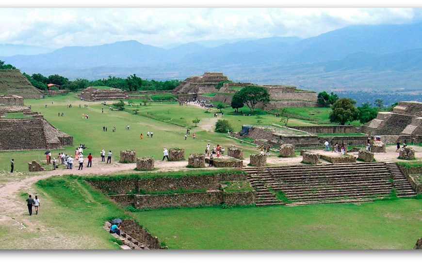 Panoramic view of the archaeological reconstruction at Monte Albán