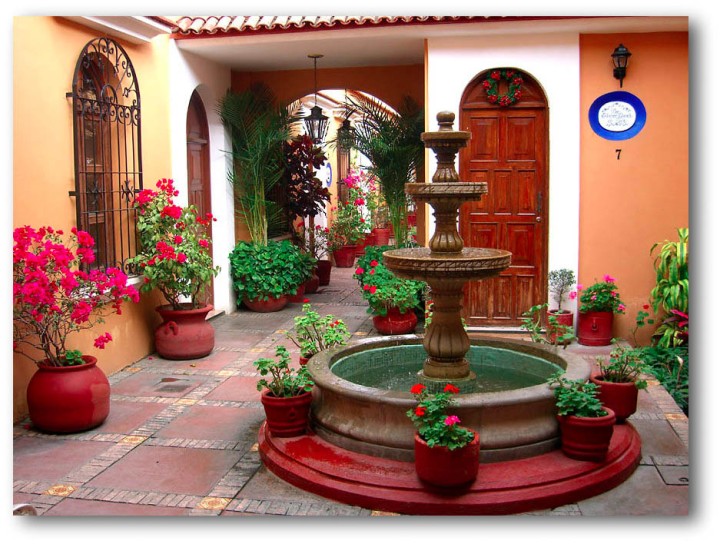 Spanish colonial patio and fountain in Oaxaca