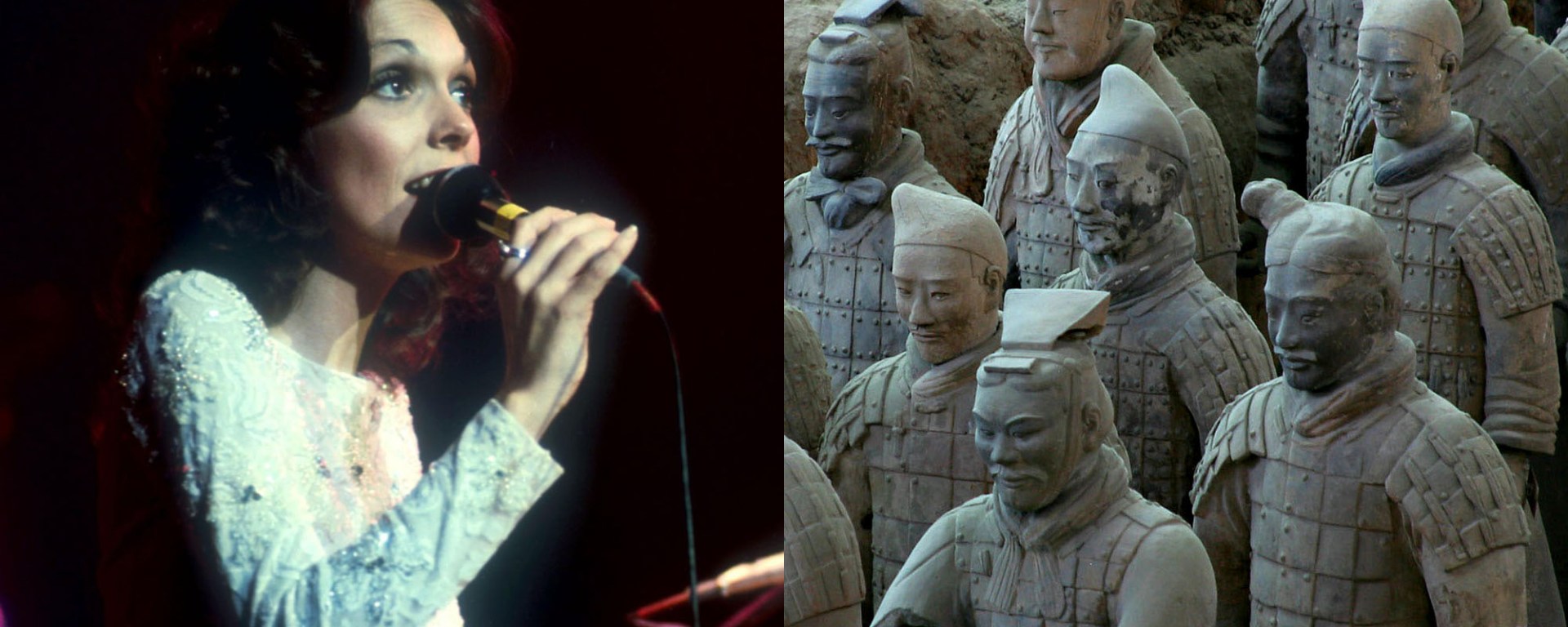Split image: Karen Carpenter in performance on one side and a close-up of terracotta warriors on the other