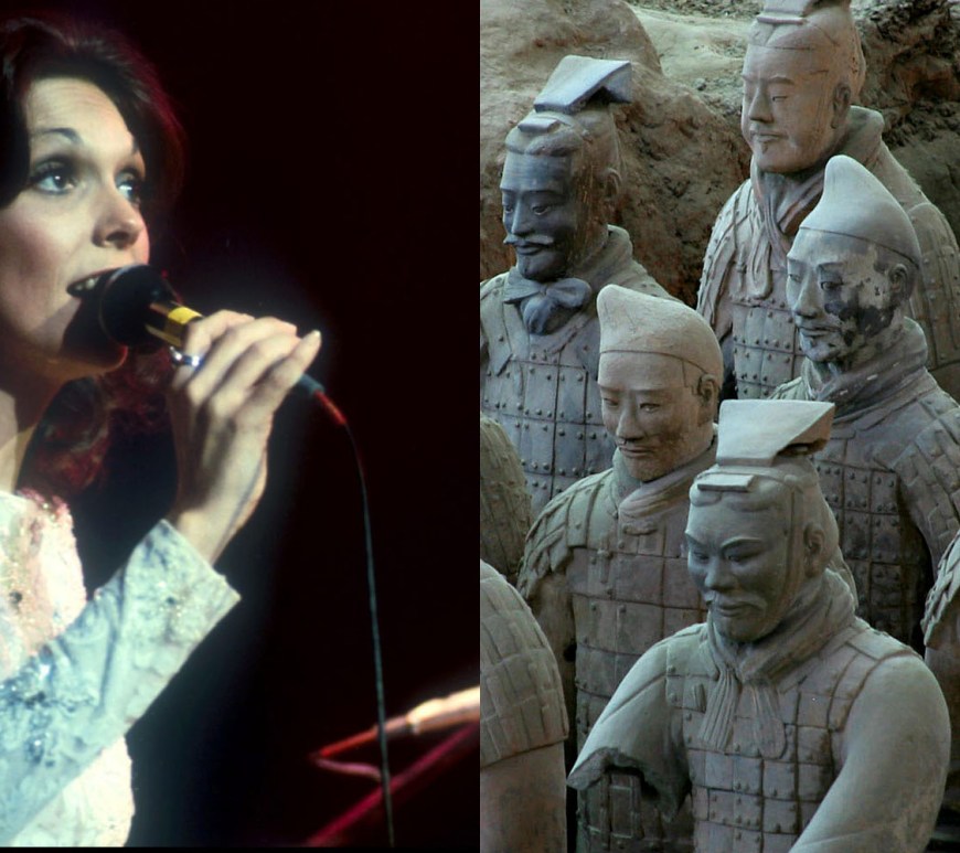 Split image: Karen Carpenter in performance on one side and a close-up of terracotta warriors on the other